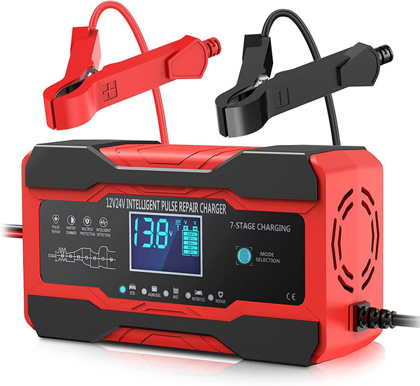 10 Amp Auto Battery Charger for 12V and 24V Cars, Motorcycles, and Trucks