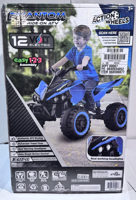 12 Volt Blue Phantom ATV Ride-On with Action Wheels, Battery Powered for Boys and Girls Gas Scooters 0