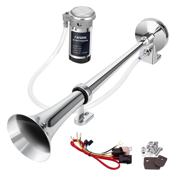 12V 150dB Air Horn Kit 18-Inch Chrome Zinc Single Trumpet Loud Truck Horn