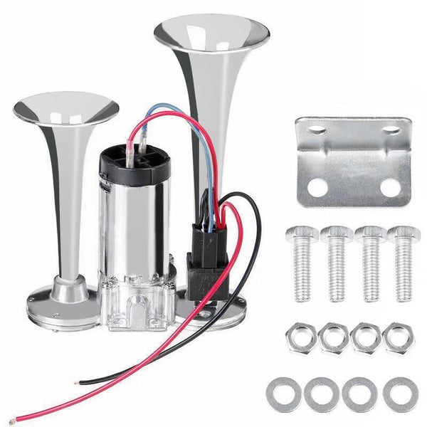 12V 600DB Silver Dual Electric Air Horn Kit for Cars and Trucks with Compressor