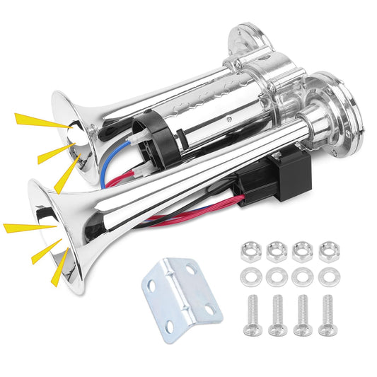 12V 600DB Upgraded Dual Trumpet Air Horn Kit Super Loud Electric Train Horn Gas Scooters 0