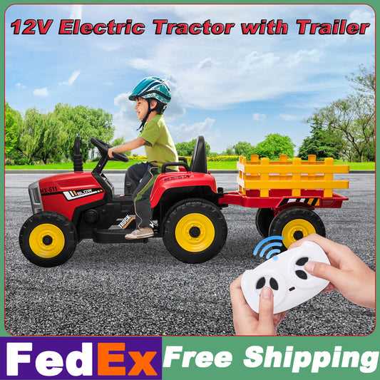 12V Battery-Powered Electric Ride-On Tractor with Trailer and Remote Control for Kids Red Gas Scooters 0
