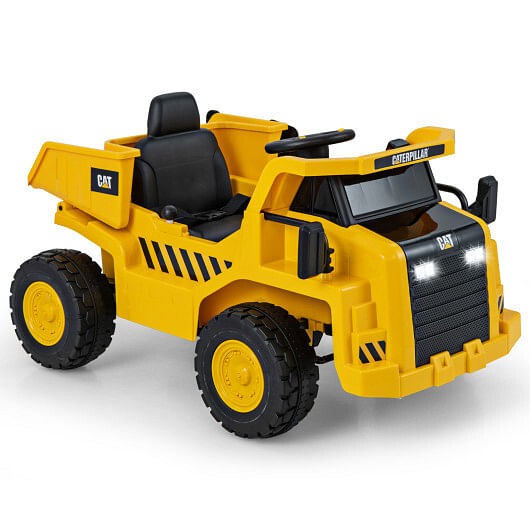 12V Licensed Kids Ride-On Caterpillar Dump Truck with Tiltable Bump Bed Yellow