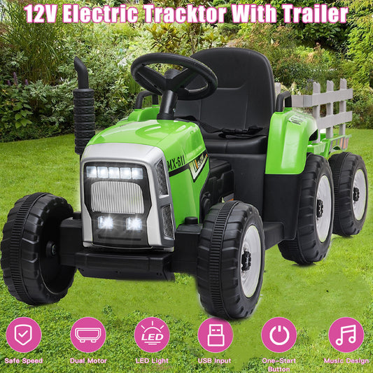 12V Battery-Powered Electric Ride-On Tractor with Trailer for Kids Gas Scooters 0