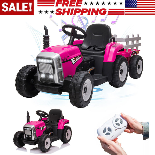 12V Electric Battery-Powered Kids Ride-On Tractor with Trailer Toy