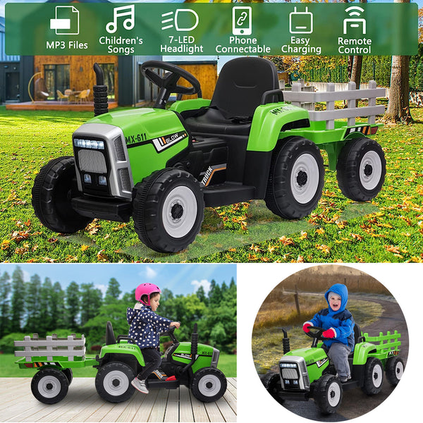 12V Battery-Powered Electric Ride-On Tractor with Trailer for Kids Christmas Gift