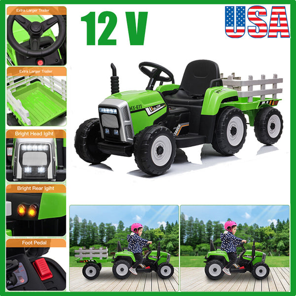 12V Electric Battery-Powered Kids Ride-On Tractor with Trailer Toy