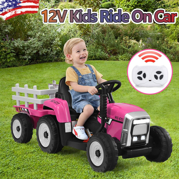 12V Battery-Powered Kids Electric Ride-On Tractor with Trailer Toy
