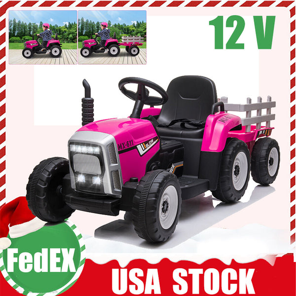 12V Battery Powered Kids Ride On Tractor with Trailer, Electric Toy Vehicle