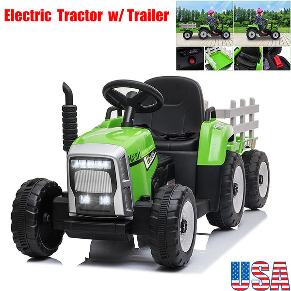 12V Electric Kids Ride On Tractor with Trailer and LED Lights, Battery Powered Toy