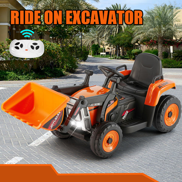 12V Orange Electric Ride-On Excavator Truck with 3 Speeds, Music, Lights, and Remote Control