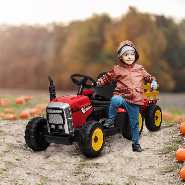 12V Electric Ride-On Tractor with Trailer, 25W Dual Motors, Red