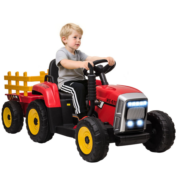 12V Red Electric Ride-On Tractor with Trailer and 25W Dual Motors