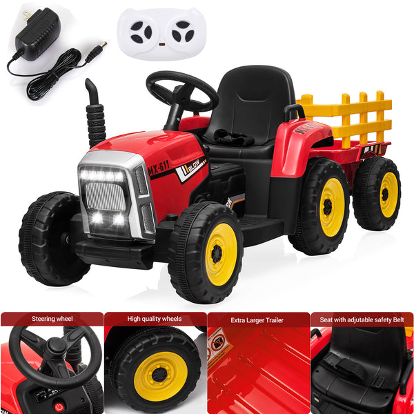 12V Battery-Powered Electric Ride-On Tractor Toy with Trailer and Remote Control for Kids