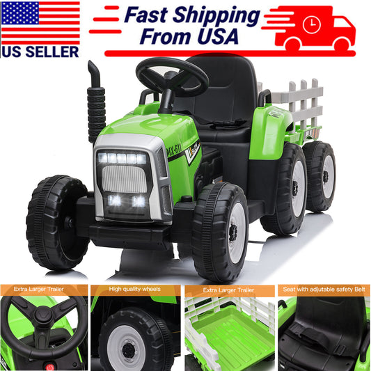 12V Kids Electric Ride-On Tractor Toy with Trailer and 3-Speed Remote Control Gas Scooters 0