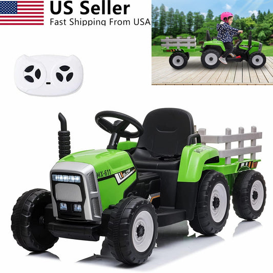 12V Kids Electric Ride-On Tractor with Trailer and 3-Speed Remote Control Toy Vehicle Gas Scooters 0