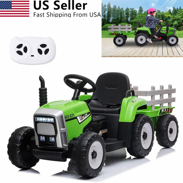 12V Kids Electric Ride-On Tractor with Trailer and 3-Speed Remote Control Toy Vehicle