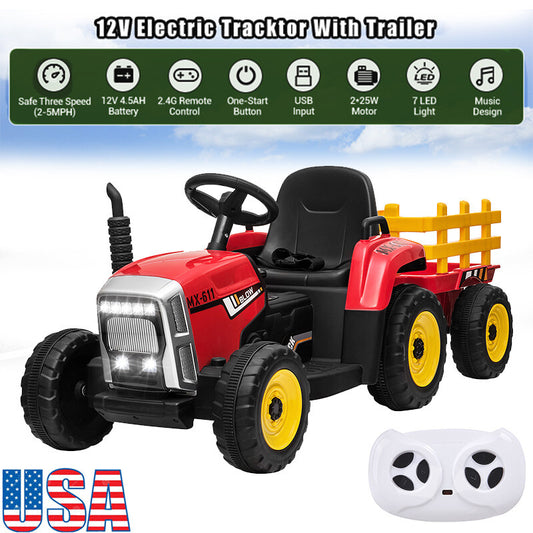 12V Battery-Powered Kids Electric Ride-On Tractor with Trailer and Remote Control Gas Scooters 0