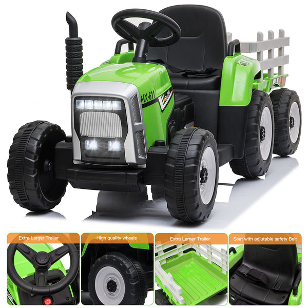 12V Kids Electric Ride-On Tractor with Trailer and Remote Control Green Toddler Car Toy