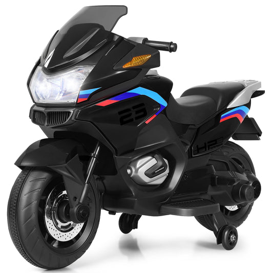 12V Kids Electric Ride-On Motorcycle with Training Wheels and Lights – Black Gas Scooters 0