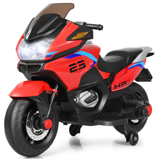 12V Electric Kids Ride-On Motorcycle with Training Wheels and Lights Red Gas Scooters 0
