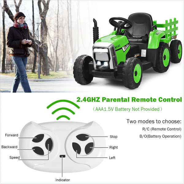 12V Battery-Powered Kids Electric Ride-On Tractor with Trailer, LED Lights, and USB Charging