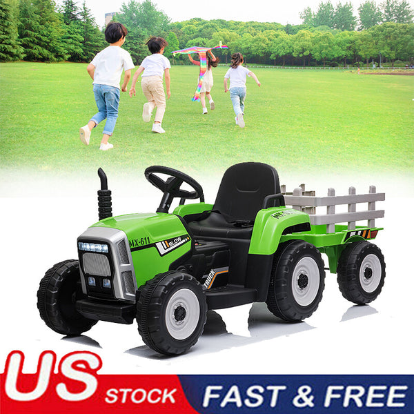 12V Battery-Powered Kids Ride-On Tractor Truck Toy with Trailer and LED Lights