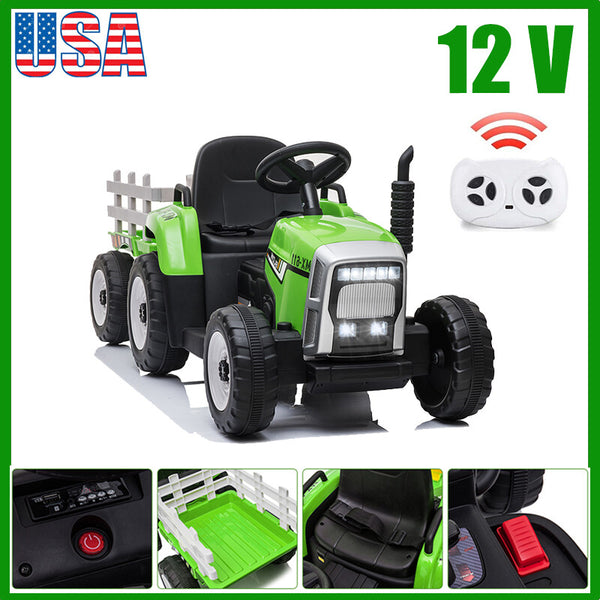 12V Kids Ride On Tractor Car, Battery Powered Toy Vehicle with Trailer and Remote Control