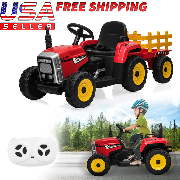 12V Kids Ride-On Electric Tractor Car with Trailer, Remote Control, LED Lights, and MP3 - Red