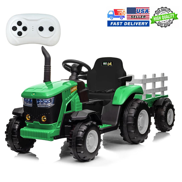 12V Kids Electric Ride-On Tractor Toy with Detachable Trailer and Remote Control Green