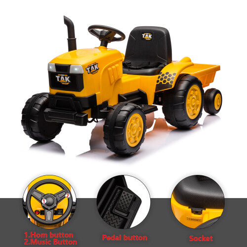 12V Kids Ride-On Electric Tractor and Excavator with Detachable Trailer and Remote Control