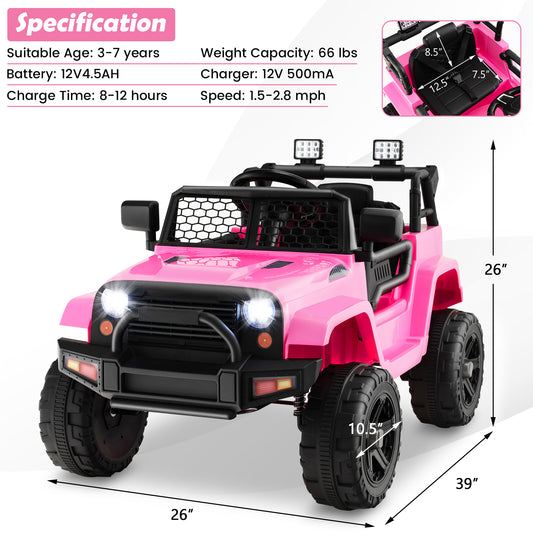 12V Pink Kids Electric Ride-On Truck Car with Remote Control, Lights, and Music Gas Scooters 1
