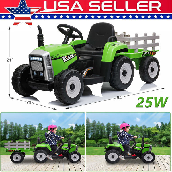 12V Electric Green Ride-On Tractor with Trailer and Remote Control for Toddlers