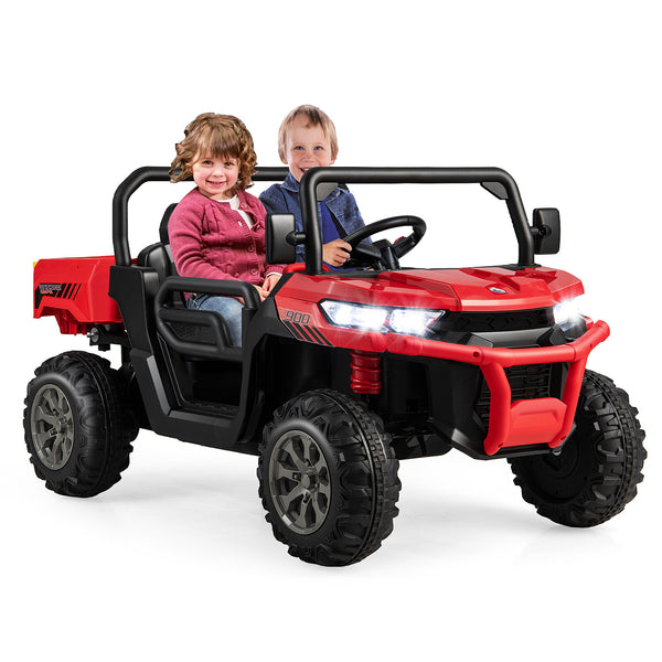 12V Ride-On Red Dump Truck with Adjustable Safety Belt and Lockable Doors