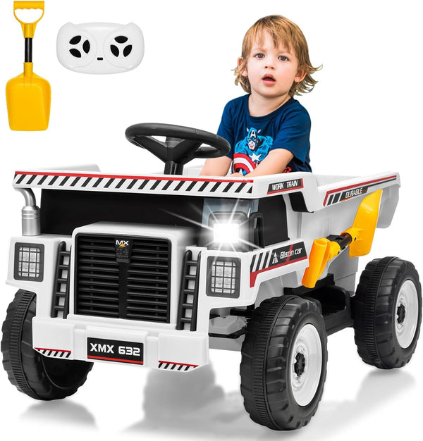 12V Ride-On Dump Truck with Remote Control, Auto Dump Bed, Shovel, and Music for Kids Ages 3-8