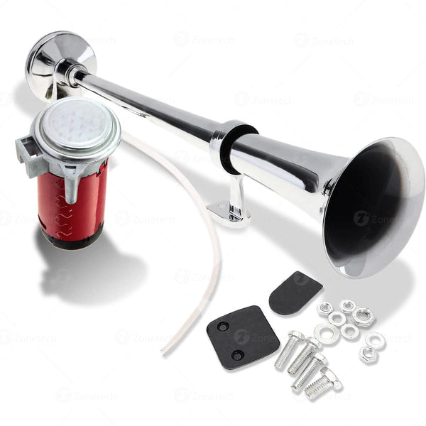 12V Single Trumpet Air Horn with Premium Silver Finish and Alarm Relay Included